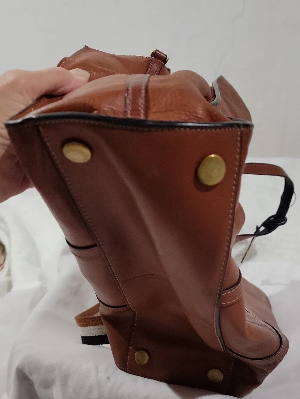 Fossil Carmen Shopper Tote Cognac Leather Tote with Striped Removable Strap